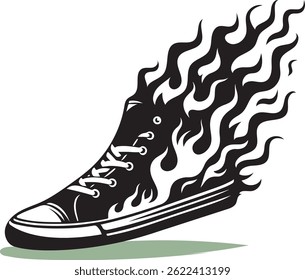 A bold, black and white graphic illustration of a high-top sneaker with a stylized, fiery design.