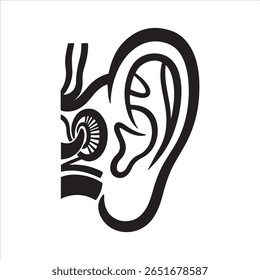 A bold black and white graphic representation of a human ear and its inner workings.