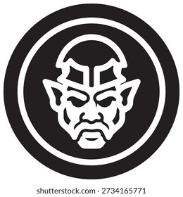A bold black and white graphic of a stylized fantasy creature's head, featuring unique facial features within a circular emblem.