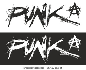 Os gráficos em preto e branco exibem a palavra punk em um estilo artístico áspero complementado por um símbolo de anarquia, criando um impressionante contraste visual.