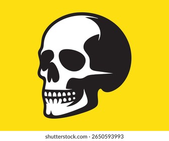 Bold Black and White Human Skull Illustration on Yellow Background	
