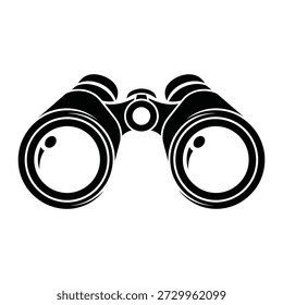 A bold black and white icon of binoculars, symbolizing observation, exploration, and finding something, ideal for search or discovery themes.