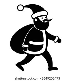  A bold black and white icon depicting Santa Claus walking with a sack full of presents slung over his shoulder. Ideal for Christmas, holiday, gift, and seasonal themes.