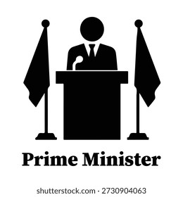 Icono en blanco y negro llamativo que representa una figura formal con traje y corbata de pie en un podio con un micrófono, flanqueado por dos banderas nacionales. El texto "Primer Ministro" aparece prominentemente debajo del podio, reforzando el tema de la dirección política y la Dirección pública. Este diseño minimalista es ideal para su uso en gráficos relacionados con el gobierno, medios de comunicación, materiales de educación cívica o marca política. La silueta de alto contraste garantiza claridad y versatilidad en formatos digitales e impresos.
