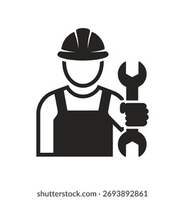 Bold black and white icon featuring a distinctive worker silhouette.