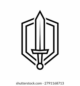Bold black and white icon featuring a vertical sword centered within a hexagonal shield border, ideal for security systems, defense contractors, or game development.