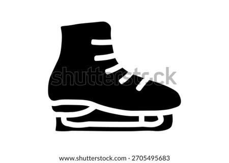 A bold, black and white icon of a single ice skate. The entire shape of the skate, including the boot and the blade, is a solid black silhouette.