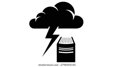 Bold black and white icon of a storm cloud with a lightning bolt hitting a book, symbolizing a sudden flash of genius.
