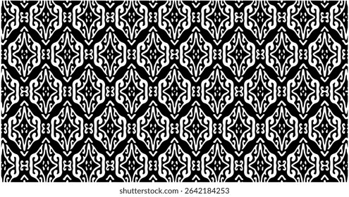 Bold black and white ikat-inspired diamond pattern with seamless jagged design, ideal for textile.