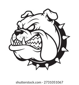 A bold, black and white illustration of an aggressive bulldog head with a spiked collar, conveying a fierce and powerful expression, ideal for commercial use in design, branding, and advertising
