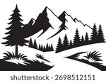 A bold black and white illustration capturing the raw scale and quiet mystery of mountain wilderness