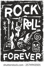 A bold black and white illustration celebrating rock music features electric guitars a raised hand gesture and symbols like skulls and lightning.