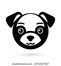 Bold black and white illustration of a pug head icon, with distinct facial features
