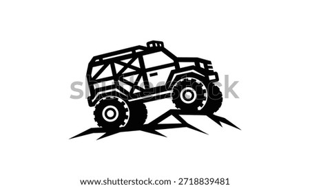 A bold black and white illustration of a robust off-road vehicle with large tires and a roll cage, depicted in action climbing over uneven terrain, emphasizing adventure and power.