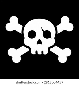 A bold black and white illustration of a skull with crossed bones, representing danger, toxicity, or warning in safety signage.