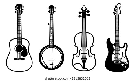 Bold black and white illustrations of popular stringed instruments.