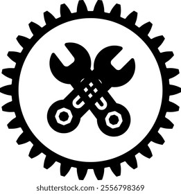 A bold black and white industrial gear logo featuring crossed wrenches in the center, symbolizing mechanics, engineering, and technical expertise. Perfect for branding, repair services,