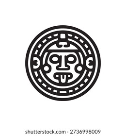 A bold black and white line art icon of a pre-Columbian deity mask. This circular emblem features a stylized face inspired by Aztec or Mayan art.