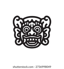 A bold black and white line art illustration of a traditional Balinese guardian mask. This stylized vector icon features intricate details and a fierce expression.