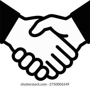 A bold, black and white line art icon illustrating a firm handshake between two people, symbolizing a successful deal, partnership, or agreement in business contexts.
