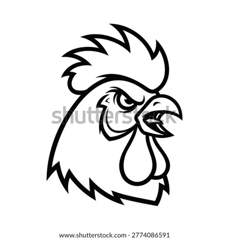 A bold, black and white line art illustration of a rooster's head, conveying a fierce and determined expression.