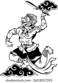 A bold black and white line illustration of Hanuman, the monkey god from the Ramayana, in a dynamic pose holding a sword. Designed in traditional Thai style, the artwork features ornamental clouds
