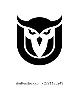 Bold black and white logo design featuring an abstract owl's face integrated into a shield, representing wisdom, security, and watchful protection.