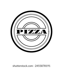 A bold, black and white logo featuring the word PIZZA centered within a circular design, accentuated by two horizontal stripes and ring patterns for a modern and stylized look.