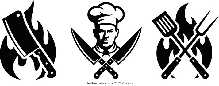 Fette schwarz-weiße Logos für kulinarische Markenbezeichnungen, darunter ein Küchenchef mit gekreuzten Messern, ein Flammenclever und Grillwerkzeuge mit Feuer.