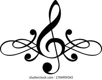 Bold black and white modern symmetrical G clef filigree style musical note illustration easy to edit