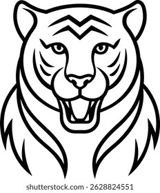 Bold black and white outline illustration of a fierce tiger head on a white background