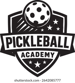 A bold, black and white pickleball academy logo with a ball, speed lines, stars, and a shield design.