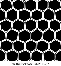 Patrón abstracto negrita, sin costuras, en blanco y negro, con un motivo de panal en un diseño de malla sobre fondo negro