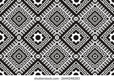 A bold black and white seamless pattern inspired by traditional geometric and ethnic motifs. Featuring sharp diamond shapes, spiral elements, and symmetrical pixel details, this design is ideal for in