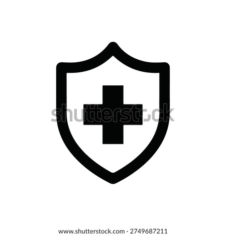 A bold, black and white shield icon features a centered plus sign, symbolizing medical protection.