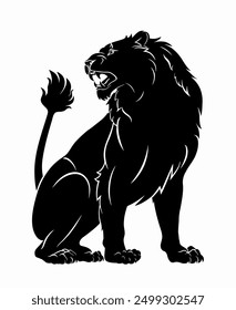 Bold black and white silhouette of a majestic lion in a seated pose. Vector illustration conveys the strength and elegance of the king of the jungle and is ideal for coats of arms, emblems, logos.