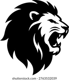 A bold black and white silhouette of a roaring lion's head in profile. This powerful minimalist vector illustration captures the essence of a wild animal mascot, representing leadership, courage and strength on a white background.