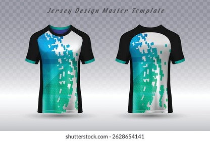 Bold black and white sports jersey with a dynamic vertical pixelated pattern in blue and teal, creating a futuristic, high-energy aesthetic. Perfect for esports, soccer and football teams