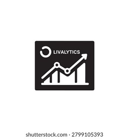 A bold black and white square icon featuring the livalytics text label alongside a rising upward trend line graph with circular data points and vertical bar chart pillars designed in a minimalist flat vector art style for modern digital business analytics user interface software applications and corporate marketing presentations.