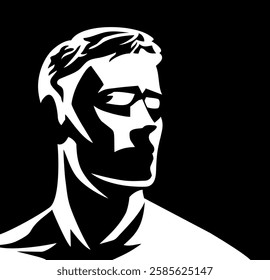 Bold Black and White Stylized Male Portrait in High-Contrast monochrome vector art style