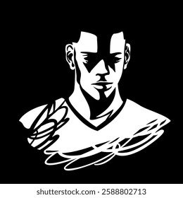 Bold Black and White Stylized Male Portrait in High-Contrast monochrome vector art style