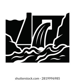 A bold black and white symbol depicting a hydroelectric dam with water spilling over the spillway, representing clean energy, power generation, and environmentalism.