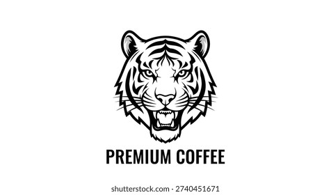 Bold black and white tiger head illustration, ideal for premium coffee branding. This fierce animal mascot logo conveys strength, energy, and a powerful, untamed spirit.