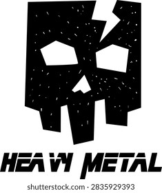 Bold black and white typography design spelling Heavy Metal beneath a geometric skull illustration with a lightning bolt crack and distressed splatter texture.