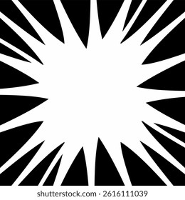 A bold black and white vector background featuring an explosive radial burst pattern.