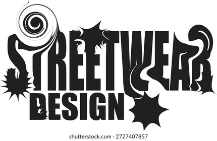 Bold black and white vector graphic featuring the words "Streetwear Design" with grunge accents and dynamic swirls.
