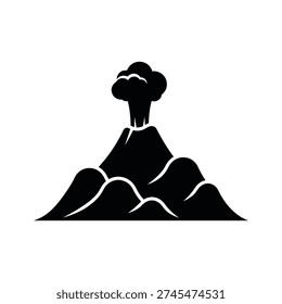 Bold black and white vector graphic of a volcano erupting smoke plumes. This simple yet impactful illustration conveys raw energy and transformation, ideal for concepts of disaster, power, or industry change.