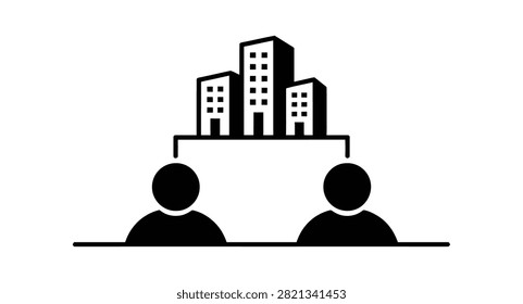 A bold black and white vector icon illustration featuring two people connected to a group of three tall office buildings
