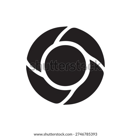 A bold black and white vector icon of a camera shutter or aperture. Features five swirling blades around a central circle, creating a dynamic look.