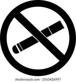 A bold black and white vector illustration of a no-smoking sign, featuring a cigarette with a prohibition symbol